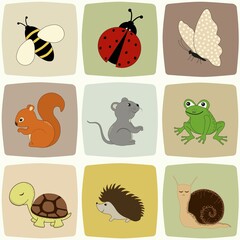 Set of colorful squares with cartoon animals