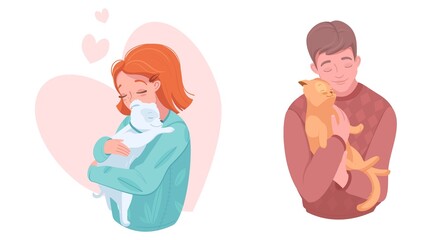 Happy pet owners with puppy and kitten, vector illustration. Girl and boy hugging dog, cat. Domestic animals care, love.