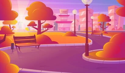 City skyline, orange sunset landscape. Beautiful cityscape, evening view. Urban park, buildings, vector illustration.