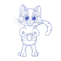Cute kitten with a cup in its paws. Vector illustration of a funny cat in cartoon style on a white background.