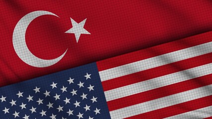Turkey and USA United States of America Flags Together, Wavy Fabric, Breaking News, Political Diplomacy Crisis Concept, 3D Illustration