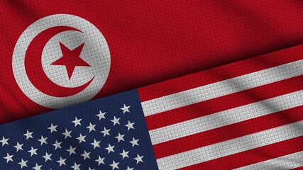 Tunisia and USA United States of America Flags Together, Wavy Fabric, Breaking News, Political Diplomacy Crisis Concept, 3D Illustration - obrazy, fototapety, plakaty