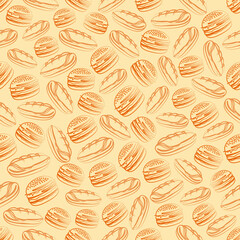 Burger and hot dog seamless pattern on colored background, vector illustration
