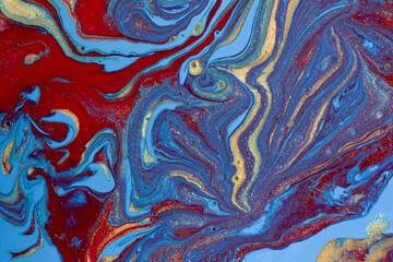 Acrylic of red, blue and gold colors that form beautiful waves and waves. It is shaped like a river or delta