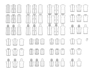 Set of Down vests puffer waistcoat technical fashion illustration with pouch, sleeveless, zip-up closure, crop hip length, quilting. Flat template front, back, white color. Women, men top CAD mockup © Vectoressa