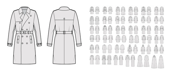 Set of coats, jackets, outerwear technical fashion illustration with oversized, thick, hood collar, long sleeves, pockets. Flat coat template front, back grey color. Women men unisex top CAD mockup © Vectoressa