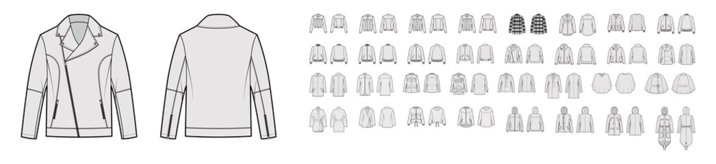 Set of coats, jackets, outerwear technical fashion illustration with oversized, thick, hood collar, long sleeves, pockets. Flat coat template front, back grey color. Women men unisex top CAD mockup - obrazy, fototapety, plakaty