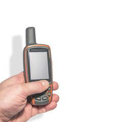 Man hand holding a GPS navigator with empty screen and copy space for text isolated at white...