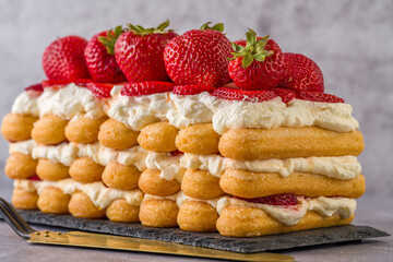 Homemade layered strawberry cake with ladyfingers 