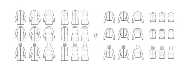 Set of Down coats vests puffer waistcoat technical fashion illustration with pouch, stand hoody collar, zip-up closure, loose fit, classic quilting. Flat front, back, white color. Women, men, top © Vectoressa