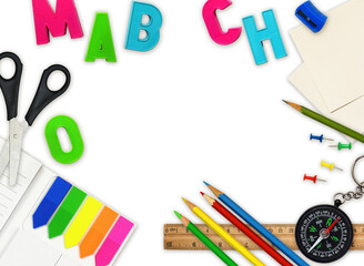 Colorful school supplies as frame with copy space on white background.
