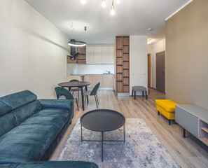 Modern light interior of studio apartment. Kitchen. Living room.