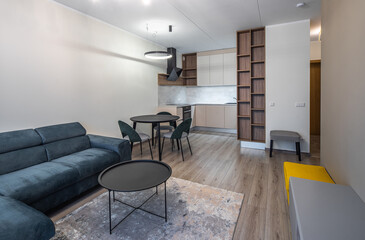 Modern light interior of studio apartment. Kitchen. Living room.