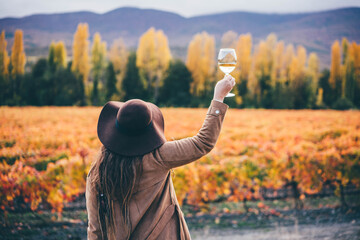 Positive woman in stylish hat and coat with glass of wine raises hands looking at picturesque large vineyard against hills on autumn day backside view