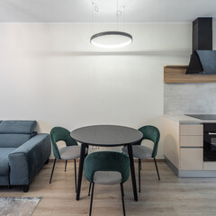 Modern light interior of studio apartment. Kitchen. Living room.
