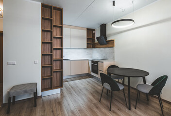 Modern light interior of studio apartment. Kitchen. Living room.