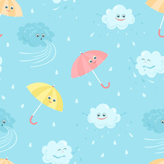 Fototapeta na wymiar Funny cute clouds, smiling colored umbrellas, wind and rain seamless pattern. Children's cartoon background. Vector flat illustration.