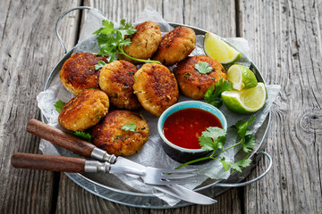Tod man pla, thai fish cakes on a plate