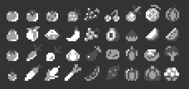 Pixel art vector game fruits and vegetables icon set 