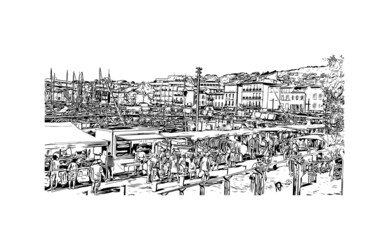 Building view with landmark of La Ciotat is the 
commune in France. Hand drawn sketch illustration in vector.