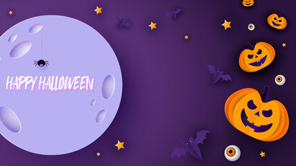 Happy Halloween banner or party invitation background with moon, bats and funny pumpkins in paper cut style. Vector