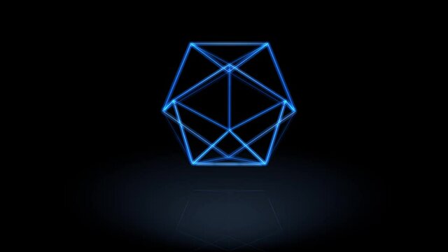 Rotated glass glow icosahedron. Seamless loop. 3D animation. Ideal for uses as a cool background for titles, videos, vector animations. Video with alpha matte