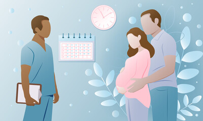 A happy couple expecting a baby at an appointment with an African-American doctor. Healthcare, pregnancy, medicine. Vector illustration.