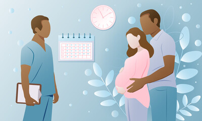 A happy mixed-race couple expecting a child at a doctor's appointment. Healthcare, pregnancy, medicine. Vector illustration.