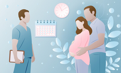 A happy couple expecting a baby at a doctor's appointment. Healthcare, pregnancy, medicine. Vector illustration.