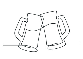 Continuous one line drawing of cheers two beer mugs. Vector illustration