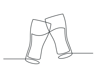 Continuous one line drawing of cheers two beer glasss. Vector illustration