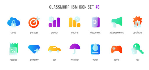 A set of vector icons of the modern trend in the style of glass morphism with gradient, blur and transparency. The collection includes 14 icons of different colors in a single style. Part 3