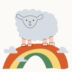 Illustration of a lamb on a rainbow among clouds on an isolated background. Dusty pastel colors. Modern flat style