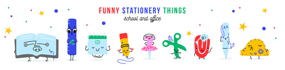 A collection of funny stationery items. Stuff for school and office. Faces and characters. Smiles and different emotions. A simple cute illustration with bright colors and graphic lines. 9 objects