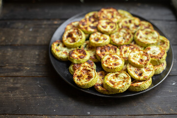 zucchini fried vegetables grill B-B-Q fresh portion ready to eat meal snack on the table copy space food background rustic. top view keto or paleo diet veggie vegan or vegetarian food
