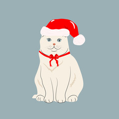 White cat in a santa claus hat and a red bow around his neck. New Year's illustration. Vector isolated.