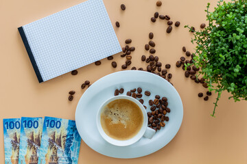 Obraz na płótnie Canvas A blank paperblock for a concept Coffeebreak with a cup of coffee, coffeebeans with green plant and 100 swiss francs on beige background. Concept for sustainable concept