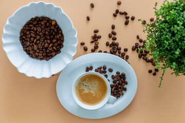 Coffeebreak with a cup of coffee, coffeebeans and green plant on beige background