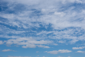 Beautiful blue panorama with fluffy cumulus clouds in the blue sky. Perfect background of blue sky and white clouds for your photos, mockup for design, use for sky replacement