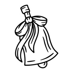 Linear vector school bell icon with a bow and ribbon in doodle sketch style