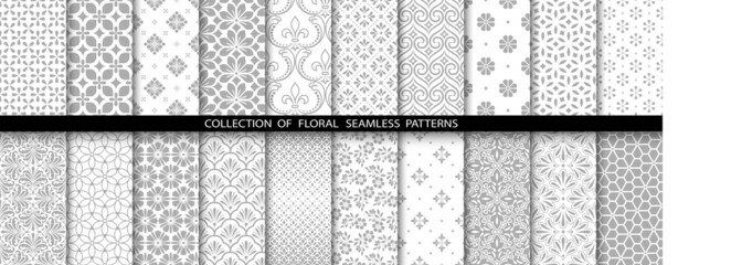 Geometric floral set of seamless patterns. Gray and white vector backgrounds. Simple illustrations.