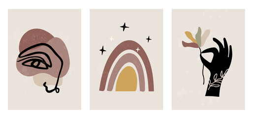 Abstract flat posters of nature and objects. Hand drawn various scenes in natural colors. Trendy contemporary design