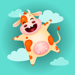 funny cartoon emotion cow flying in sky with clouds . cute animal on blue background. vector illustration