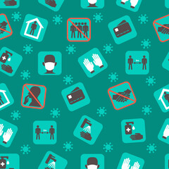 Seamless pattern of icons that prevent coronavirus covid 19. Safety precautions, warning signs and hygiene to be healthy. Flat design print. Background with icons in green. Vector.