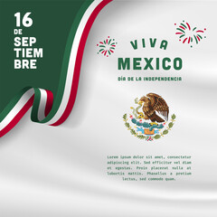 Square Banner illustration of Mexico independence day celebration. Translation: September 16, Long live Mexico, Independence Day! Waving flag and hands clenched. Vector illustration. - obrazy, fototapety, plakaty