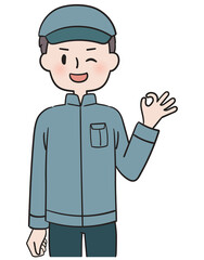 OKサインをする作業服姿の男性