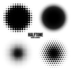 Circle halftone design elements with black dots isolated on white background. Comic dotted pattern.Vector illustration.
