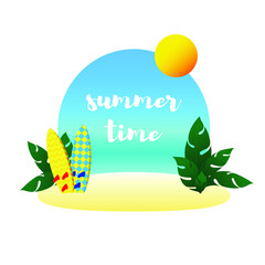 Vignette or logo. Surfboards on the sea beach.