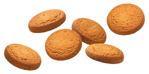 Falling oatmeal cookies isolated on white background