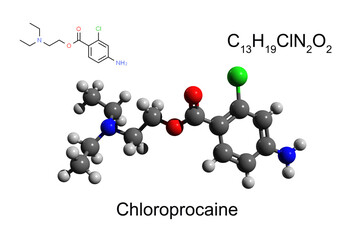 Chemical formula, skeletal formula and 3D ball-and-stick model of local ester anesthetic chloroprocaine, white background
